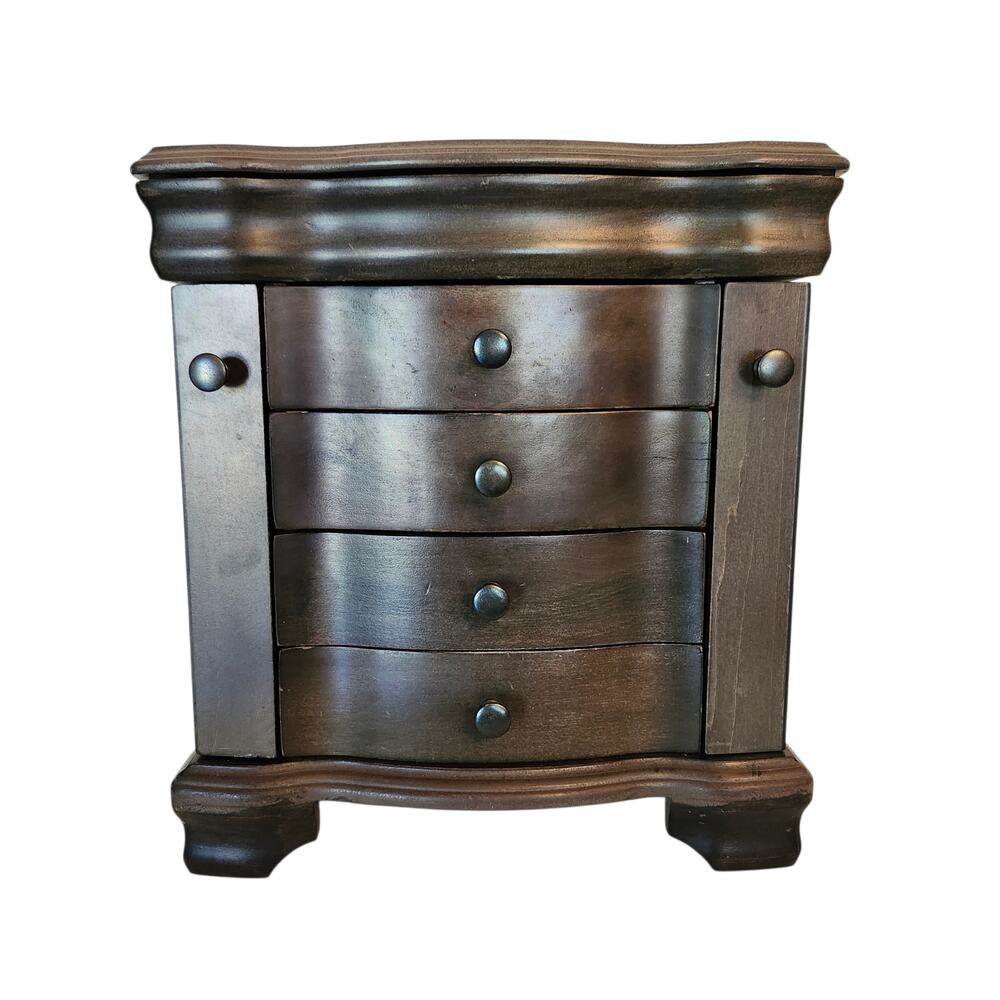 Hives & Honey Dk Brown Wood Jewelry Chest Box Mirror 5 Drawers 13" x 12" x 7"